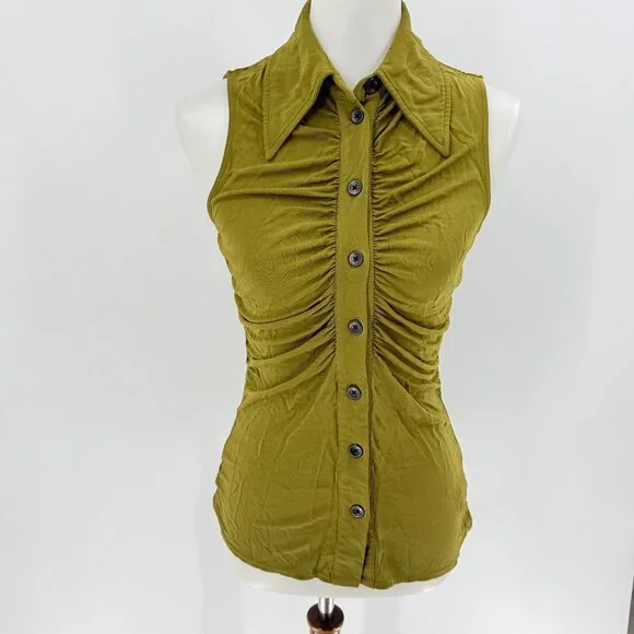 Proenza Schouler White Label Sleeveless Ruched Button-Up Olive Green Viscose Top - Picture 2 of 6